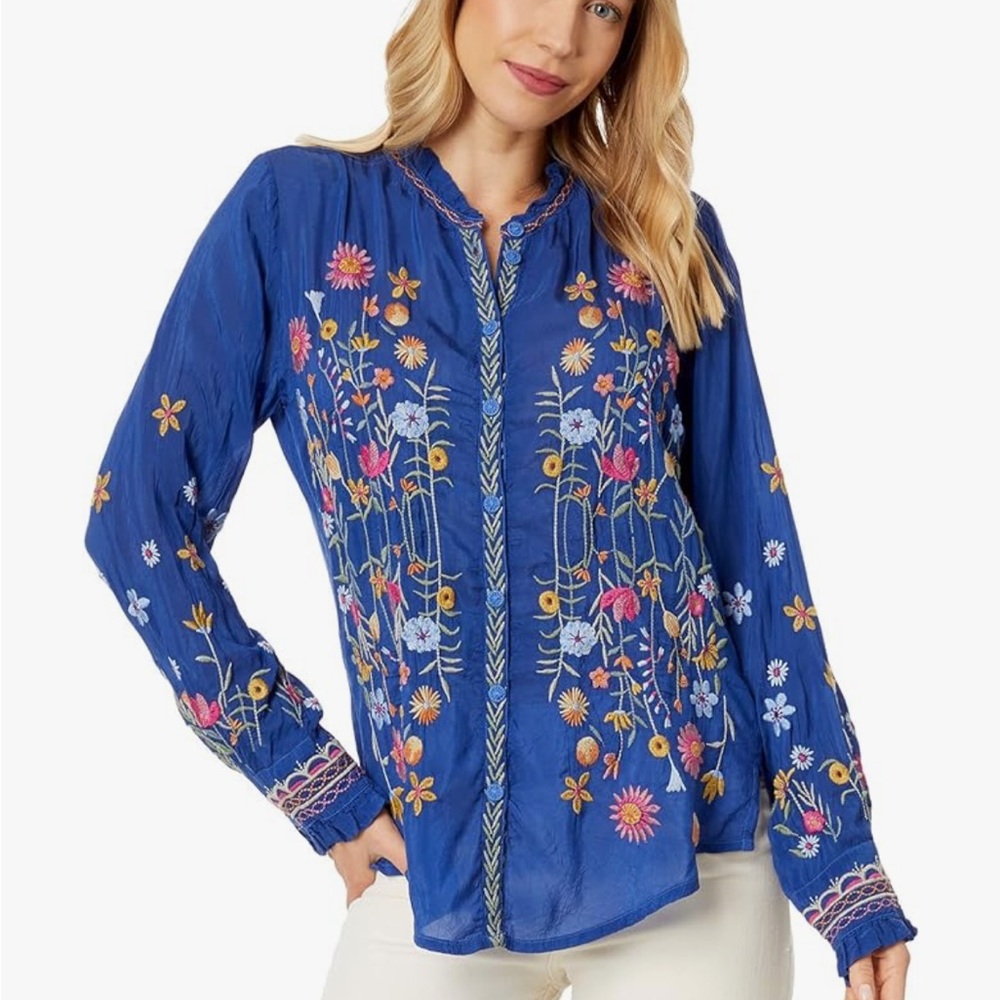 JOHNNY WAS Iolanda Floral Embroidered Button Down Blouse